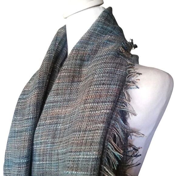 Steve Madden Teal Gray Colorful Fringe Trim Loose Knit Blanket Scarf - Picture 3 of 7